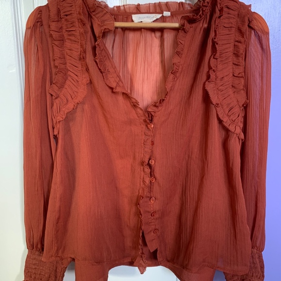 Forever That Girl Medium Copper Ruffled Blouse Romantic Bohemian Sheer Boho S - Picture 3 of 16